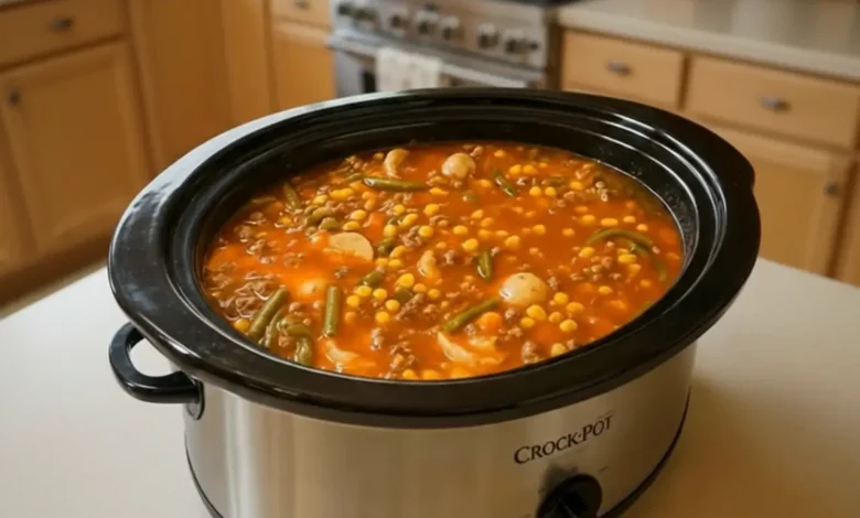 Crockpot Ground Beef Vegetable Soup simmering in a slow cooker with carrots, green beans, corn, and potatoes in a modern kitchen.