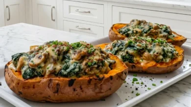Creamy Mushroom & Spinach Stuffed Sweet Potatoes