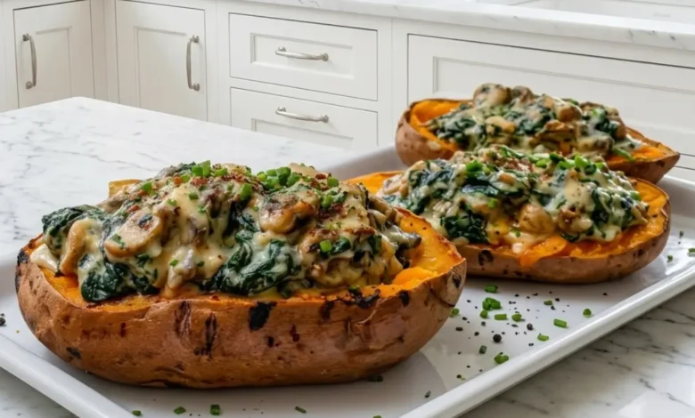 Creamy Mushroom & Spinach Stuffed Sweet Potatoes