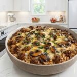 Creamy Beef Mushroom Rice Bake