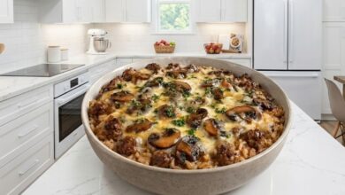 Creamy Beef Mushroom Rice Bake