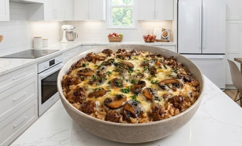 Creamy Beef Mushroom Rice Bake