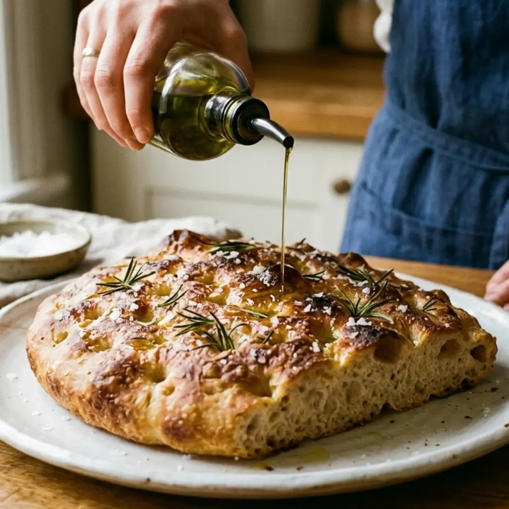 A hand drizzling olive oil over a freshly baked sourdough focaccia, garnished with rosemary and sea salt, resting on a white plate.