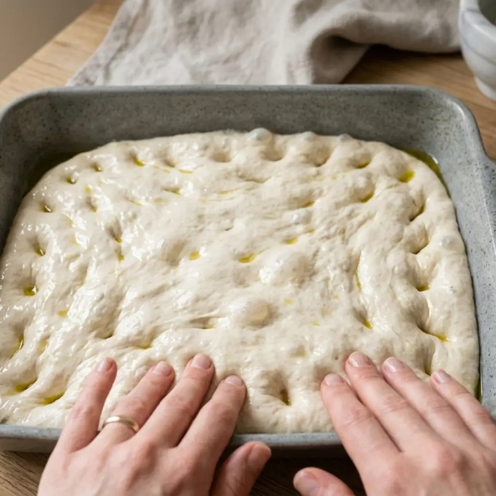 A pair of hands pressing dimples into the dough of sourdough focaccia in a metal baking tray, ready for the final rise before baking.