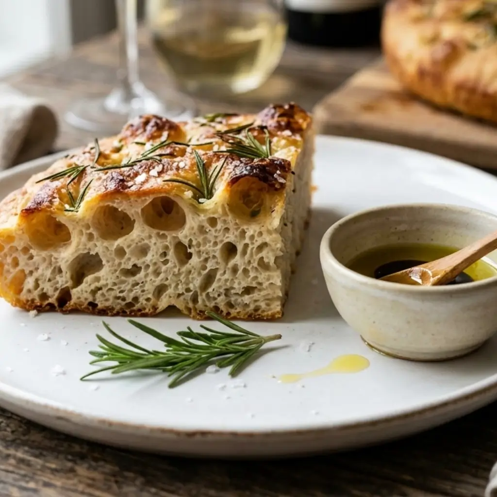A slice of freshly baked sourdough focaccia with a light, airy interior and crispy crust, served with olive oil and rosemary on a white plate.