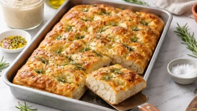 Freshly baked sourdough focaccia with a golden-brown crust, topped with rosemary, sea salt, and garlic, resting in a metal tray with olive oil and sea salt nearby.