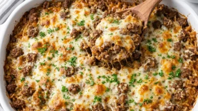 Close-up of French Onion Ground Beef and Rice Casserole with melted cheese, seasoned ground beef, and fresh parsley, served in a white dish with a wooden spoon.