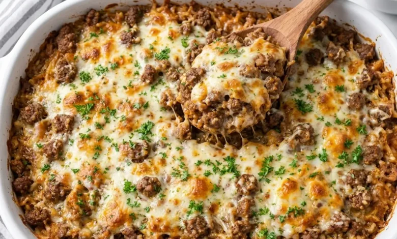 Close-up of French Onion Ground Beef and Rice Casserole with melted cheese, seasoned ground beef, and fresh parsley, served in a white dish with a wooden spoon.