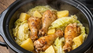 Slow Cooker Chicken and Cabbage with potatoes, tender chicken legs, and fresh cabbage simmering in a flavorful broth.