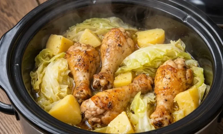 Slow Cooker Chicken and Cabbage with potatoes, tender chicken legs, and fresh cabbage simmering in a flavorful broth.