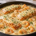 creamy southern shrimp and salmon over rice