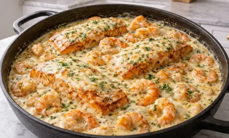creamy southern shrimp and salmon over rice