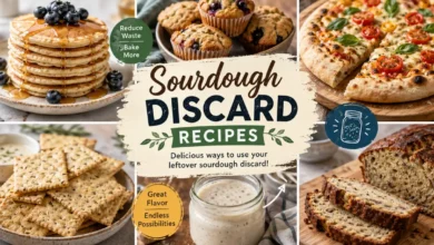 Sourdough discard recipes collage featuring pancakes, muffins, pizza, crackers, and bread with a jar of sourdough starter