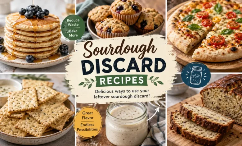 Sourdough discard recipes collage featuring pancakes, muffins, pizza, crackers, and bread with a jar of sourdough starter