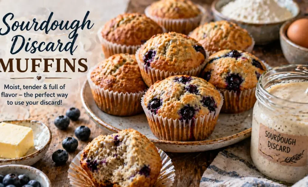 Freshly baked sourdough discard muffins with blueberries on a rustic table with sourdough starter jar and ingredients