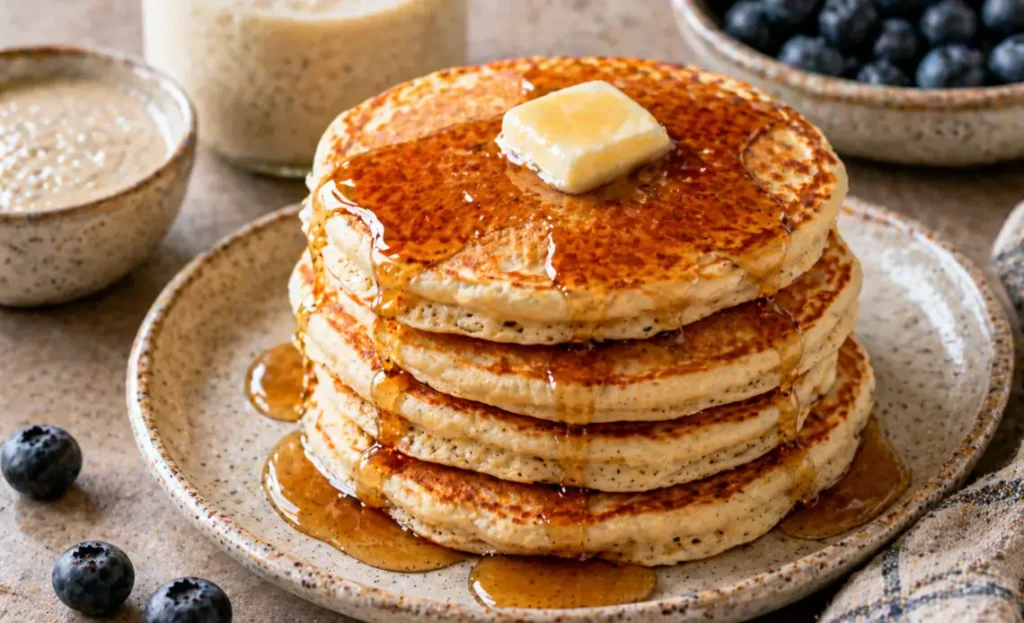 Stack of sourdough discard pancakes with butter and syrup served with blueberries on a plate