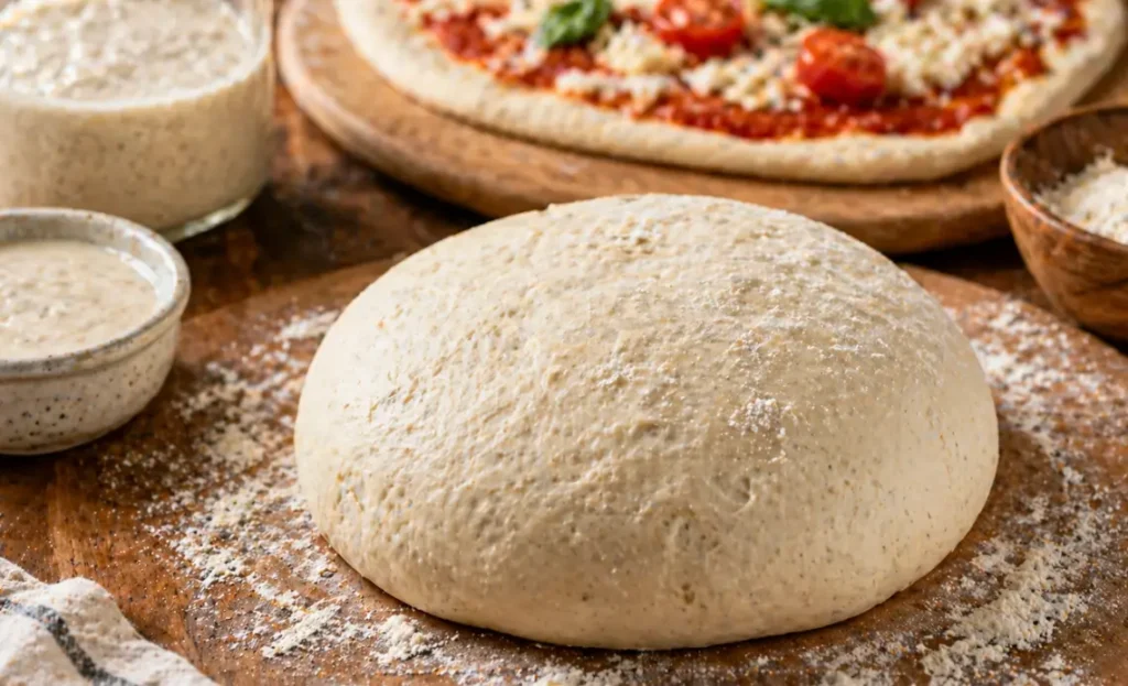 Sourdough discard pizza dough ball on a floured wooden surface with pizza ingredients in the background