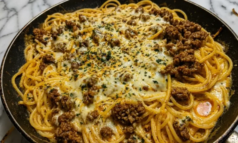 Garlic Butter Beef Spaghetti with Four Cheese Sauce