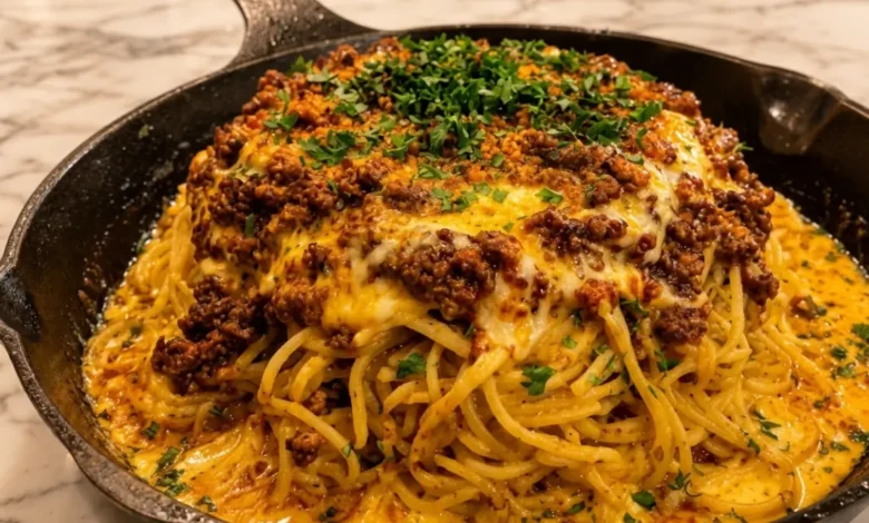 Cajun Beef Spaghetti with Three-Cheese Sauce