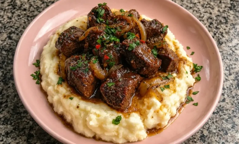 Garlic Butter Steak Bites with Creamy Parmesan Mashed Potatoes