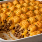 Cheesy tater tot casserole baked golden brown with crispy topping and ground beef