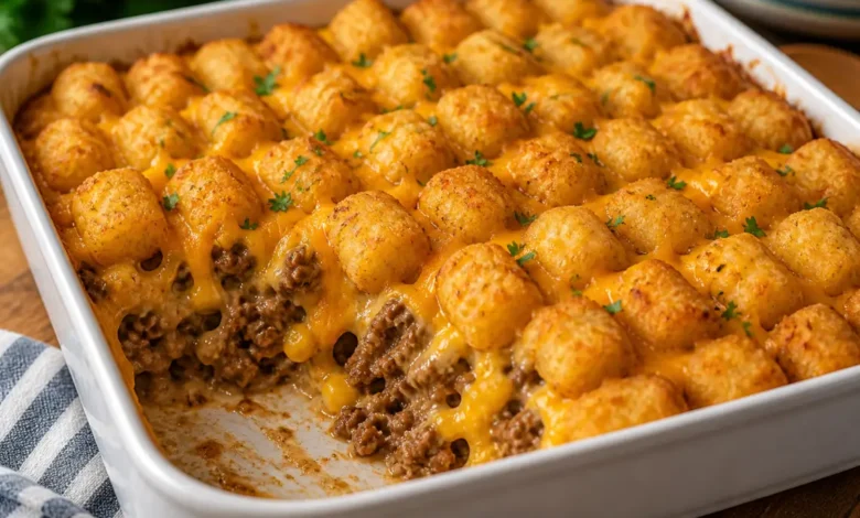 Cheesy tater tot casserole baked golden brown with crispy topping and ground beef