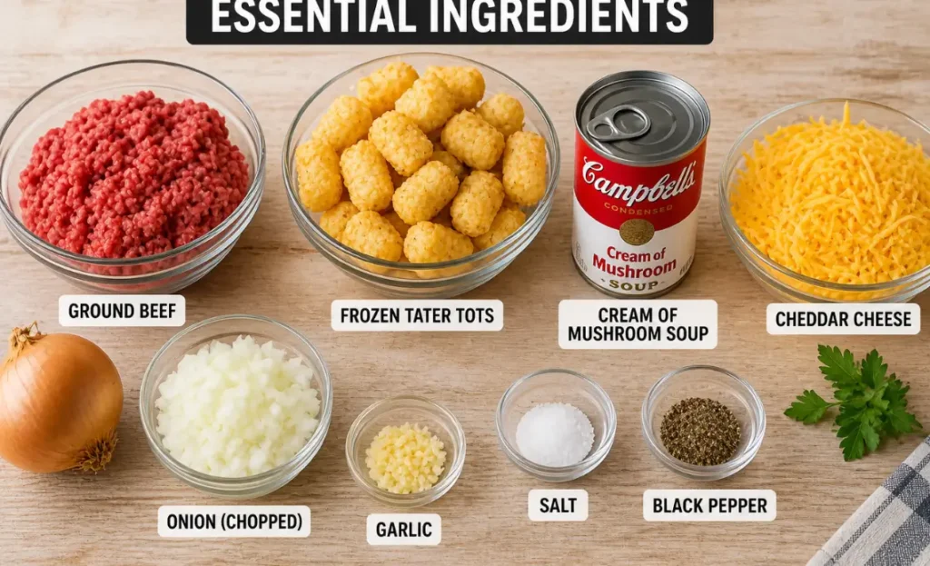 Essential ingredients for tater tot casserole recipe including ground beef cheese tater tots and cream soup