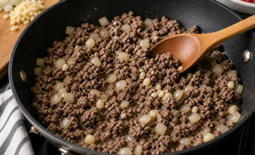 Ground beef cooking with onions and garlic in a skillet for tater tot casserole recipe