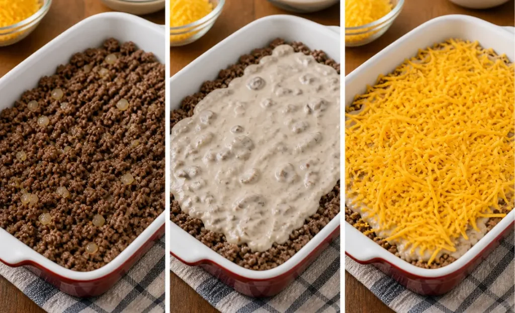 Layering ground beef, cream of mushroom soup, and cheese in baking dish for tater tot casserole recipe