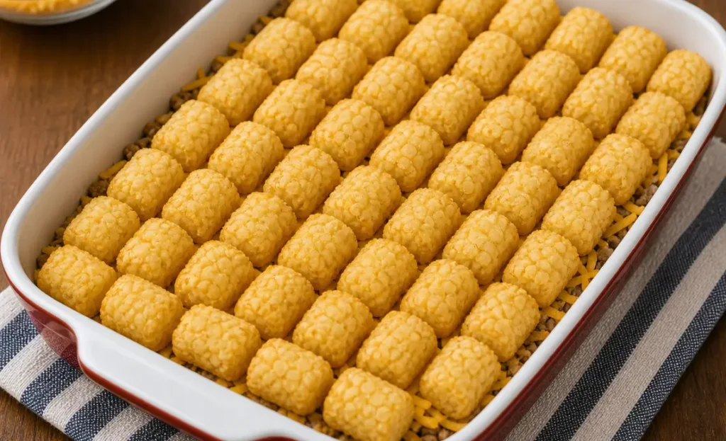 Frozen tater tots arranged evenly on casserole before baking
