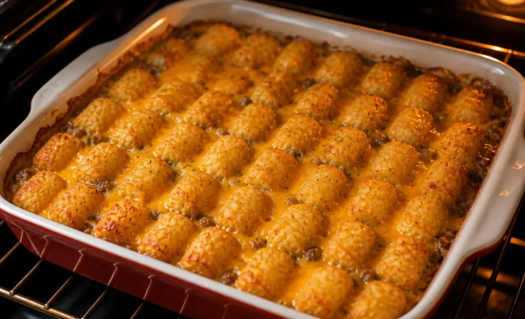 Golden baked tater tot casserole in oven with melted cheese and crispy topping