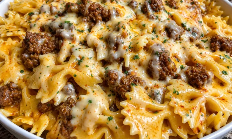 Cheesy Garlic Butter Beef Bowtie Pasta