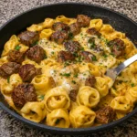 Creamy Provolone Garlic Butter Steak and Tortellini Skillet