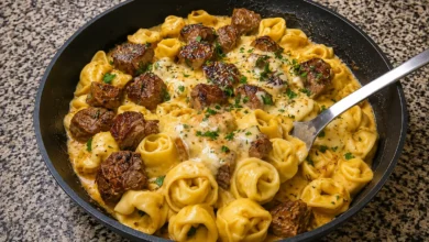 Creamy Provolone Garlic Butter Steak and Tortellini Skillet