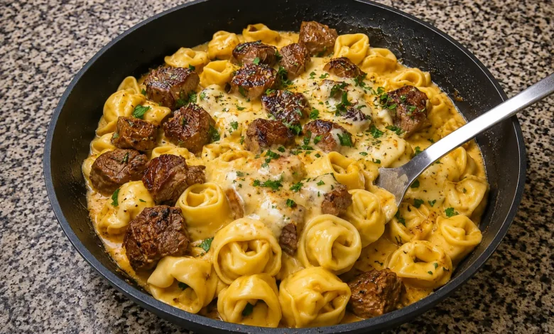 Creamy Provolone Garlic Butter Steak and Tortellini Skillet