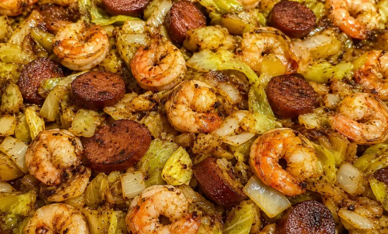 Fried Shrimp, Sausage and Cabbage Skillet