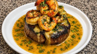 Surf & Turf Steak with Creamy Garlic Shrimp Sauce