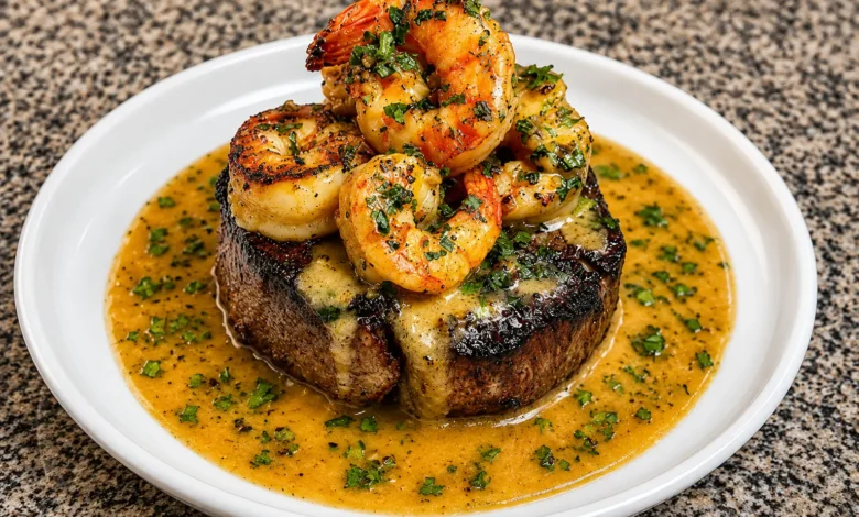 Surf & Turf Steak with Creamy Garlic Shrimp Sauce