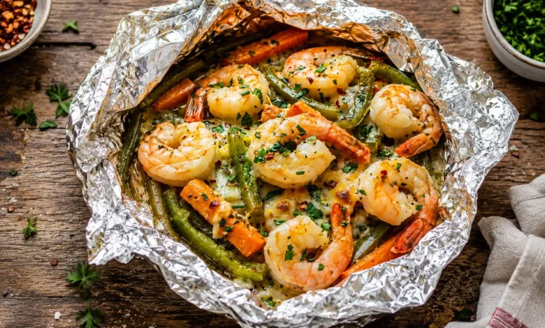 Cheesy Garlic Shrimp & Vegetable Foil Packets