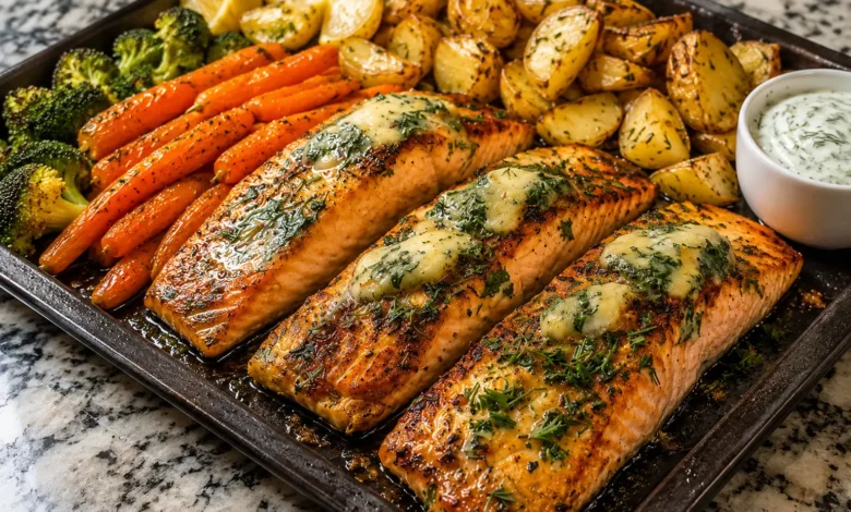 Garlic Butter Salmon and Veggies Sheet Pan