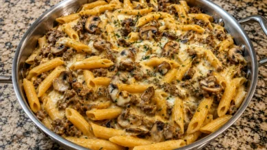 Garlic Beef and Mushroom Penne in Creamy Stroganoff Sauce