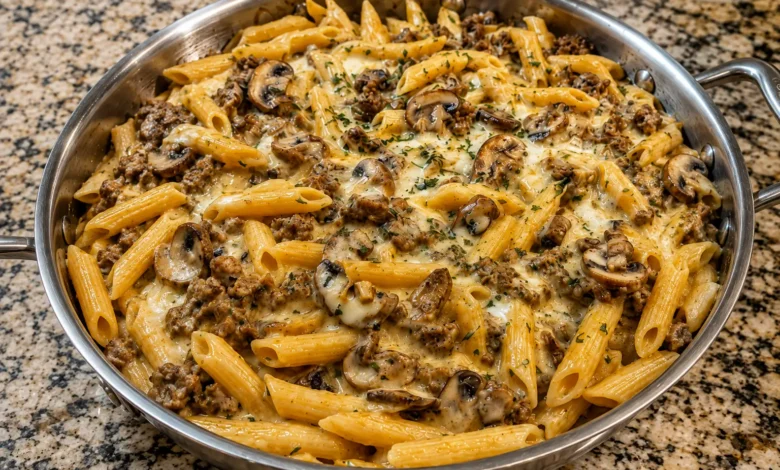 Garlic Beef and Mushroom Penne in Creamy Stroganoff Sauce