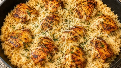 Garlic Butter Chicken Over Cheesy Parmesan Rice
