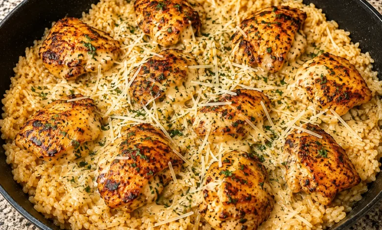 Garlic Butter Chicken Over Cheesy Parmesan Rice