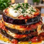 Burrata Eggplant Parmigiana with Caramelized Onions & Parmesan Cream
