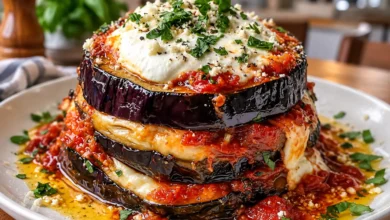Burrata Eggplant Parmigiana with Caramelized Onions & Parmesan Cream