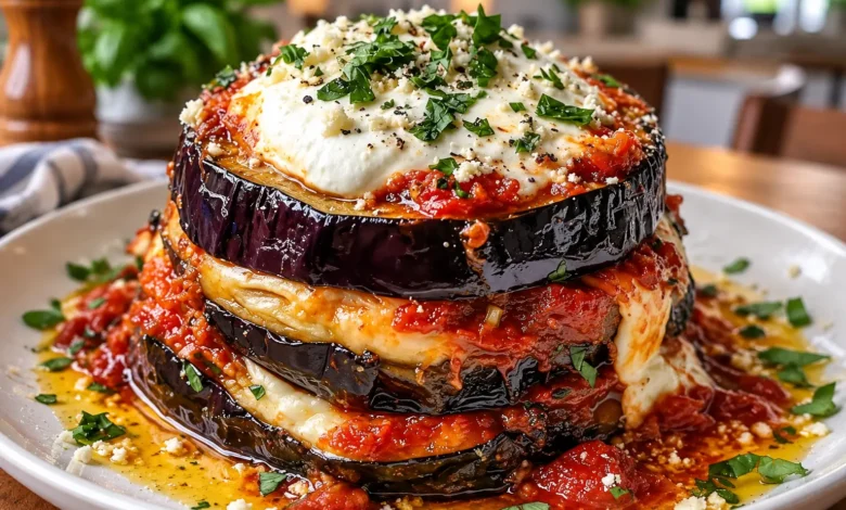 Burrata Eggplant Parmigiana with Caramelized Onions & Parmesan Cream