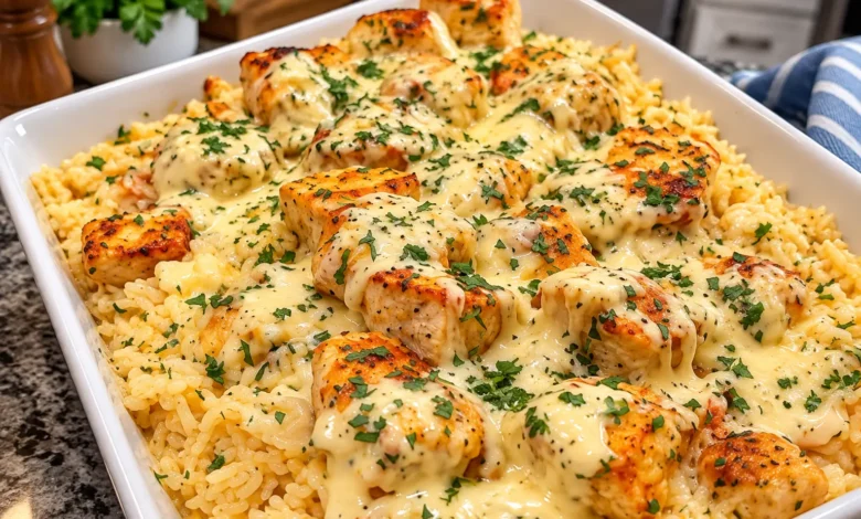 Creamy Garlic Chicken Rice with Cheddar, Mozzarella and Parmesan