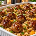 Honey Garlic Meatball Rice Bake