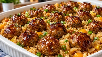 Honey Garlic Meatball Rice Bake